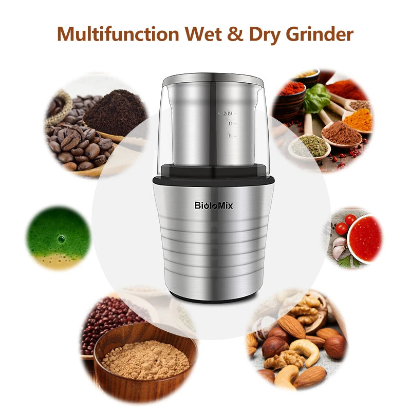 Multipurpose Electric Coffee Bean Grinder with 2 Removable Dry and Wet Cups Stainless Steel Miller for Seeds Spices Herbs Nuts