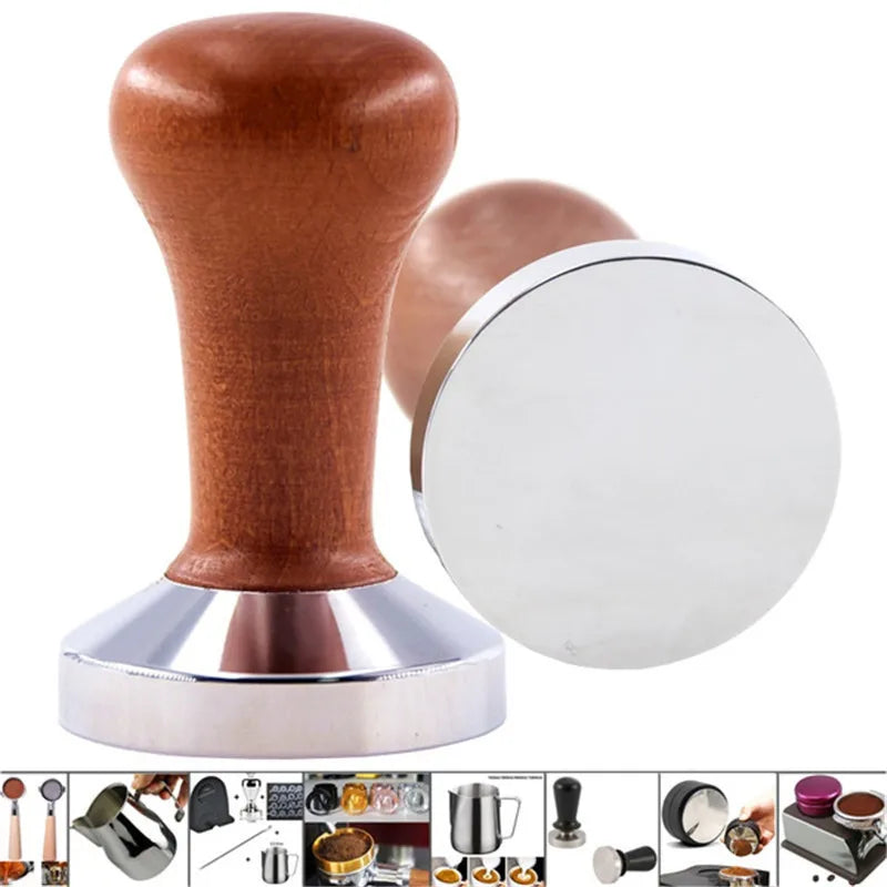 51mm/53mm/58mm Espresso Coffee Tamper Aluminum Coffee Distributor Leveler Tool Bean Press Hammer with Wooden Handle