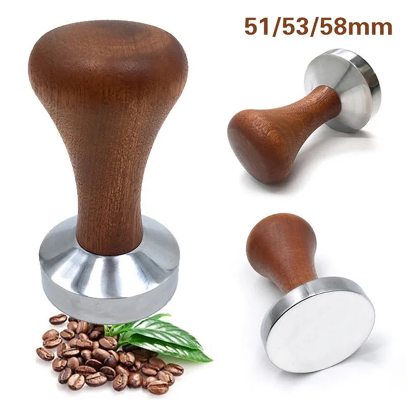 51mm/53mm/58mm Espresso Coffee Tamper Aluminum Coffee Distributor Leveler Tool Bean Press Hammer with Wooden Handle