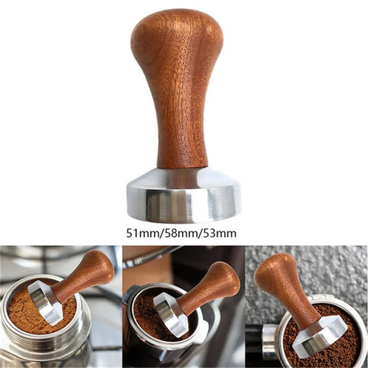 51mm/53mm/58mm Espresso Coffee Tamper Aluminum Coffee Distributor Leveler Tool Bean Press Hammer with Wooden Handle